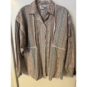 Vintage 90s Roper Western Blouse Made USA Southwestern Aztec Print Lace Trim Med